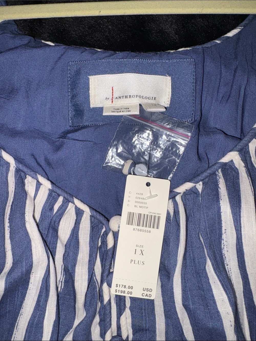 Anthropologie 1X Striped Long-Sleeve Sweetheart Button Front Peasant Dress NWT - Picture 4 of 12